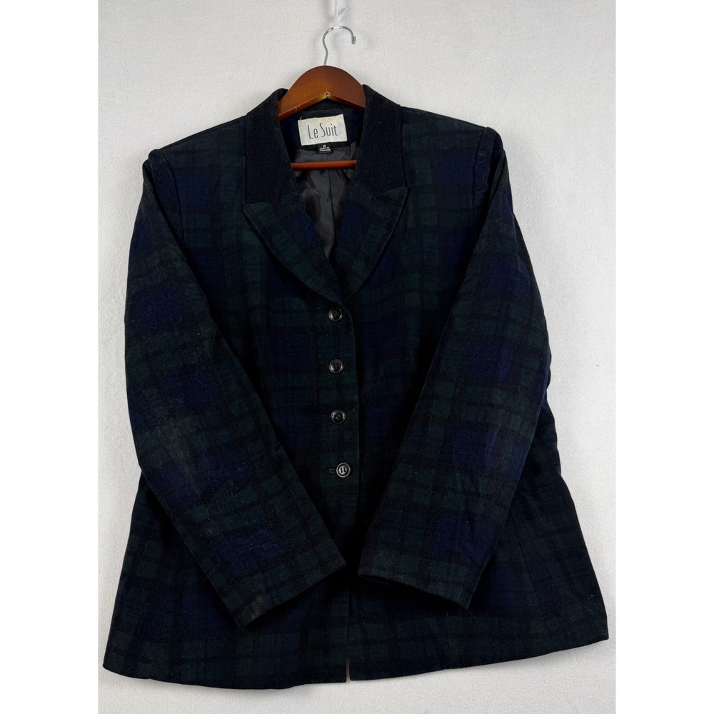 Le Suit Vintage 90s Black Watch Plaid Corduroy Blazer Jacket Navy Green 16